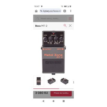 Šedý efekt pedál s nápisy Metal Zone a MT-2. Na horní části jsou čtyři ovládací knoflíky s popisky LEVEL, EQUALIZER (HIGH, LOW, MIDDLE, MID FREQ) a D…