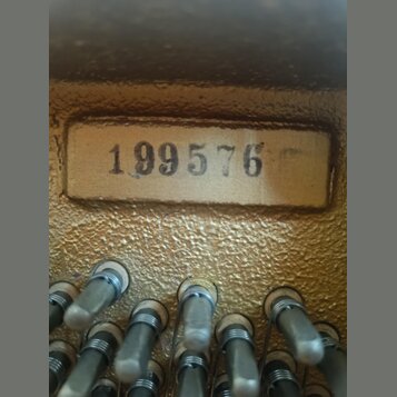 Detailní záběr na část hudebního nástroje se zlatým povrchem. Na obdélníkovém štítku je černý nápis 199576. Ve spodní části jsou vidět kovové kolíky…