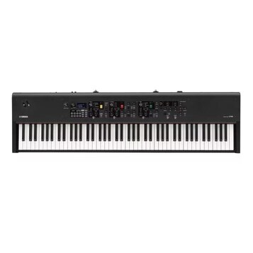 Černý digitální klavír s 88 klávesami. Na levé straně je bílé logo YAMAHA a vpravo nápis STAGE PIANO CP88. Horní panel obsahuje displej, řadu tlačíte…