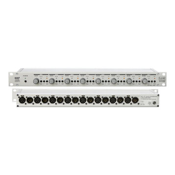 Dvě fotografie bílého rackového zařízení s nápisem 8MP 8 CHANNEL MICROPHONE PREAMPLIFIER a logem LINE AUDIO DESIGN MADE IN SWEDEN. Horní snímek ukazu…