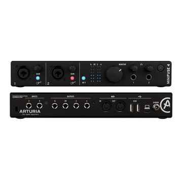 Černý zvukový interface Arturia MiniFuse 4. Horní panel obsahuje dva XLR vstupy s ovladači GAIN, přepínač 48 V a velký otočný knoflík MONITOR s výstu…
