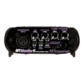 Černý osobní monitor a mixér s nápisem MYMonitor II Personal Monitor / Mixer ARTccessories™. Zařízení má čtyři otočné ovladače s bílými ukazovateli a…