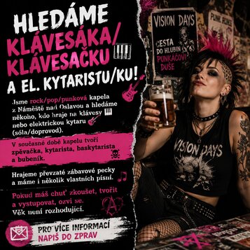 Fotografie obsahuje reklamní inzerát na hledání klávesáka/klávesačky a elektrického kytaristy/kytaristky do rockové kapely. Vlevo je text na černém a…