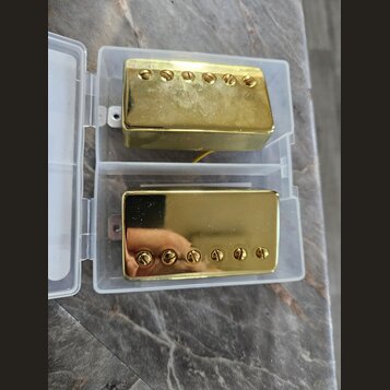 Dvě elektrické kytarové snímače typu humbucker v plastovém průhledném pouzdře. Oba mají zlatý kovový kryt a šest viditelných šroubů. Povrch horního s…