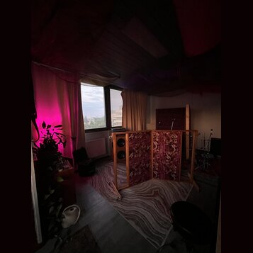 Fotografie zachycuje interiér místnosti s dřevěnou podlahou a kobercem. V prostoru stojí trojdílná akustická clona z dřevěného rámu s červeně vzorova…
