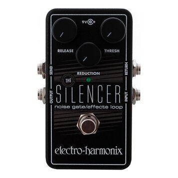 Černý efekt pedál s nápisy THE SILENCER a noise gate/effects loop. Na horní části jsou tři černé ovládací knoflíky s popisky RELEASE, THRESH a REDUCT…