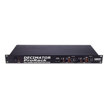 Černý rackový procesor s nápisem DECIMATOR ProRack DUAL CHANNEL NOISE REDUCTION SYSTEM a logem ISP Technologies. Zařízení obsahuje dva identické kaná…