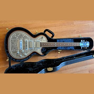 Elektrická kytara s kovovým povrchem zdobeným rytinami květin a listů, umístěná v černém tvrdém kufru. Na těle jsou dva humbuckery a čtyři ovládací k…