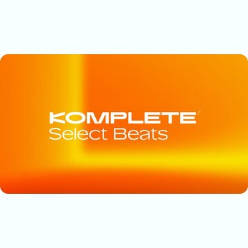 Grafika s oranžovým a žlutým přechodem barev. Uprostřed je bílý nápis KOMPLETE Select Beats.