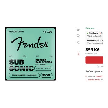 Balení basových strun značky Fender v tyrkysovém provedení. Na obalu jsou nápisy MEDIUM/LIGHT, 45|100, SUB SONIC, ELECTRIC BASS STRINGS FLATWOUND a M…
