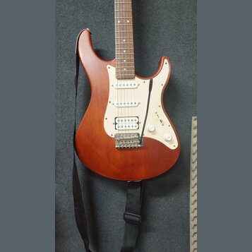 Elektrická kytara s hnědým trupem a krkem z tmavého dřeva. Má bílý pickguard, tři snímače (dva jednoduché a jeden humbucker u kobylky) a dvě bílé ovl…