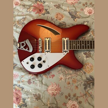 Červená elektrická kytara s semi-hollow korpusem a bílým pickguardem. Na kytaru jsou instalovány dva humbuckery a čtyři ovládací knofíky. Na kovovém…