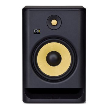 Černý studiový monitor s žlutým membránovým reproduktorem a žlutým výškáčem. V horní levé části je umístěno logo KRK SYSTEMS. Povrch je v matném prov…