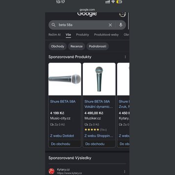 Snímek zachycuje screenshot z vyhledávače Google s výsledky pro dotaz „beta 58a“. Jsou zde zobrazeny produktové fotografie dvou dynamických mikrofonů…