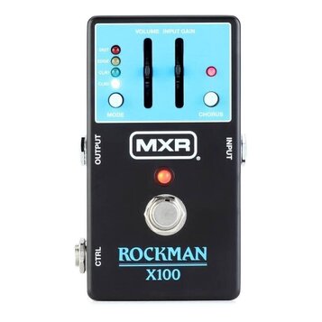 Černý kytarový efekt s modrým ovládacím panelem. Na panelu jsou nápisy VOLUME, INPUT GAIN, MODE a CHORUS, čtyři kontrolky s popisky DIST, EDGE, CLN1,…