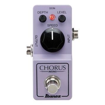 Fialový efekt pedál s nápisy CHORUS MINI a Ibanez. Na horní části jsou dva černé otočné ovladače s popisky DEPTH a LEVEL, červená kontrolka a velký č…