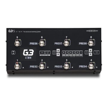 Černý spínací systém s nápisy G3 S A T O M The advanced switching system a webovou adresou THEGIGRIG.com. Zařízení má osm kovových spínačů označených…