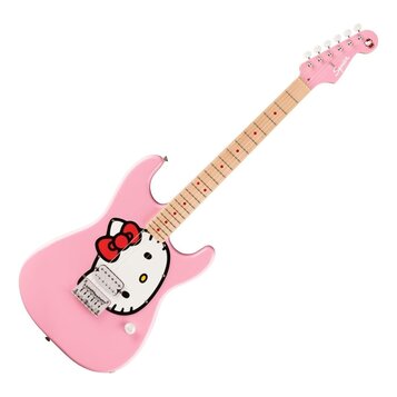 Růžová elektrická kytara s hnedým hmatníkem a světlou hlavou. Na těle je umístěn velký obrázek postavy Hello Kitty s červeným mašlem. Na hlavě kytary…