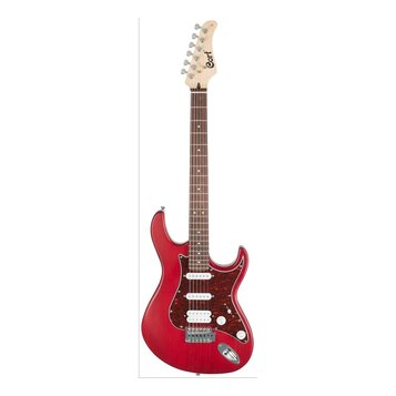 Elektrická kytara s červeným trupem a hnědým hmatníkem. Na hlavě je nápis Cort. Kytara má tři bílé snímače, červeně vzorovaný pickguard a chromované…