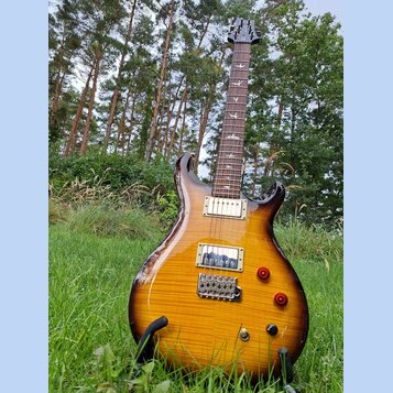Elektrická kytara s prohnutým korpusem v žlutém sunburst provedení s viditnou strukturou dřeva. Na hmatníku jsou vyznačeny vložky ve tvaru ptáků. Kyt…