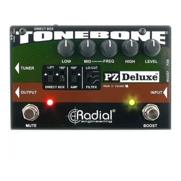 Černý kytarový preamp Radial PZ Deluxe z řady TONEBONE. Zařízení má pět ovládacích knoflíků s popisky LOW, MID, FREQ, HIGH a LEVEL, čtyři přepínače (…