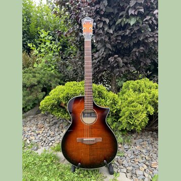 Akustická kytara s cutawayem v hnědém sunburst provedení. Na hlavě je bílý nápis Ibanez. Nástroj je umístěn na černém stojanu před zelenými keři a ka…