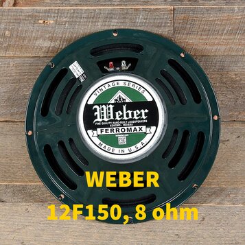 Zelený kruhový reproduktor s kovovým rámem. Uprostřed je bílý štít s nápisy VINTAGE SERIES, Weber, FINE QUALITY HAND-BUILT LOUDSPEAKERS KOKOMO - INDI…