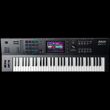 Černý klavírní kontrolér s bílými a černými klávesami. Na pravé straně je bílý nápis AKAI PROFESSIONAL a MPC KEY61. Přístroj obsahuje barevně podsvíc…