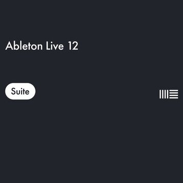 Digitální grafika s černým pozadím. V horní části je bílý nápis Ableton Live 12, vlevo se nachází bílé oválné tlačítko s nápisem Suite a vpravo je bí…