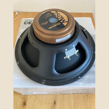 Fotografie znázorňuje zadní stranu reproduktoru s černým rámem a hnědým magnetem. Na magnetu je bílý nápis 250W a štítek s textem CELESTION, Model: N…