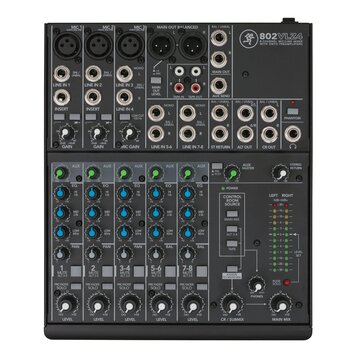 Černý mixážní pult s nápisem 802VLZ4 a doplňkem 8-CHANNEL MIC/LINE MIXER WITH ONYX PREAMPLIFIERS. Horní část obsahuje vstupy označené jako MIC 1, MIC…