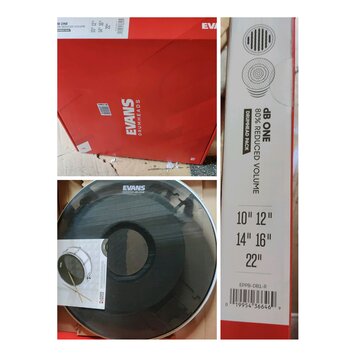 Koláž tří fotografií zobrazující sadu bubnových kožehů. Na červené krabici a bílém obalu jsou nápisy EVANS DRUMHEADS, DB ONE, 80% REDUCED VOLUME a DR…