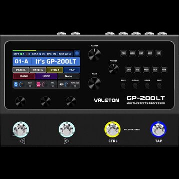 Černý multi-efektový procesor s nápisy VALETON a GP-200LT MULTI-EFFECTS PROCESSOR. Zařízení má digitální displej s textem It's GP-200LT, několik ovlá…