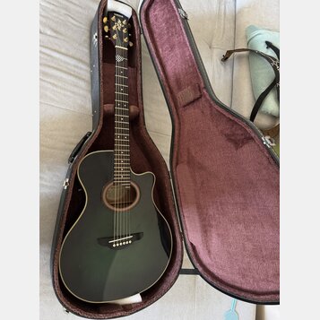Černá akustická kytara s cutawayem v tvrdém kufru s vínovým vnitřkem. Na hlavě hmatníku je bílý nápis YAMAHA. Povrch nástroje je glossy a vypadá být…