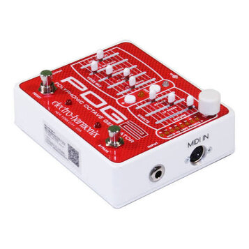 Kytarový efekt s bílým šasi a červeným horním panelem. Na panelu je bílý nápis POG POLYPHONIC OCTAVE GENERATOR a logo electro-harmonix NEW YORK CITY,…