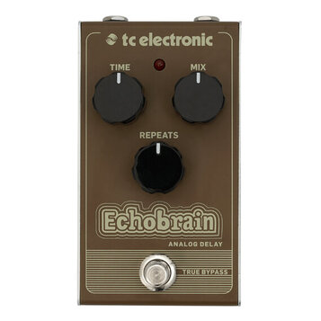 Hnědý efekt pedál s nápisem tc electronic v horní části. Na předním panelu jsou tři černé ovládací knoflíky s popisky TIME, MIX a REPEATS a červená k…