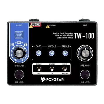 Černý kytarový předzesilovač s bílými nápisy a modrým ovládacím panelem vlevo. Na zařízení jsou uvedeny nápisy „American Classic Vintage Amp“, „100 W…