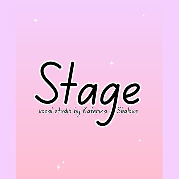 Grafika s nápisem Stage v černém písmu s bílým okrajem na růžovém gradientovém pozadí. Pod hlavním slovem je uveden text vocal studio by Katerina Ska…