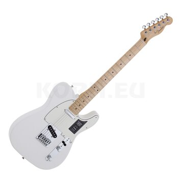 Bílá elektrická kytara s jasným dřevěným hmatníkem a bílým pickguardem. Na hlavě je viditelné logo Fender a nápis MADE IN MEXICO. Na těle se nachází…