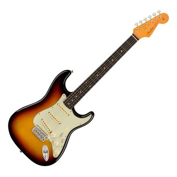 Elektrická kytara s trupem v barevném přechodu od černé přes hnědou k žluté a s krčkem z jasného dřeva. Na hlavě je viditelné logo Fender. Kytara má…
