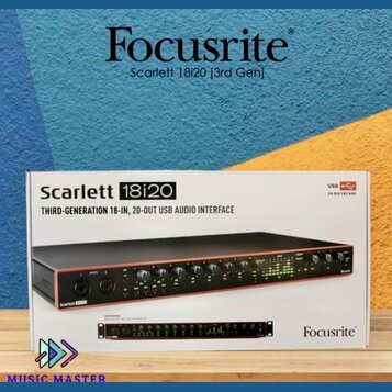 Fotografie znázorňuje krabici od USB audio rozhraní. Na obalu je nápis Scarlett 18i20 a text THIRD-GENERATION 18-IN, 20-OUT USB AUDIO INTERFACE spolu…