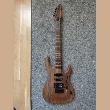 Elektrická kytara s přírodním dřevěným povrchem a hnědým hmatníkem. Nástroj má dva humbuckery, jeden kontrolní knoflík a přepínač zvukového výběru. N…