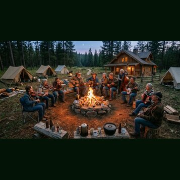 Skupina lidí hraje hudbu ucampfire v lese před dřevěnou chatou a stany. Jsou vidět akustické kytary, housle, banjo, kontrabas a akordeon. Na nástrojí…
