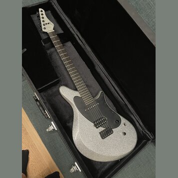 Elektrická kytara s trpyřivým stříbrným povrchem těla a černým pickguardem. Nástroj má šest strun, dva humbuckery a černý hmatník. Na hlavě kytary ne…