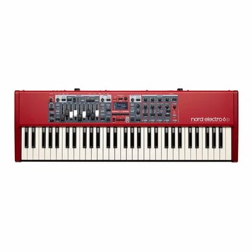 Červený digitální klavír s bílými a černými klávesami. Na pravé straně je bílý nápis nord electro 6D a pod ním menší text SEMI WEIGHTED WATERFALL 61.…