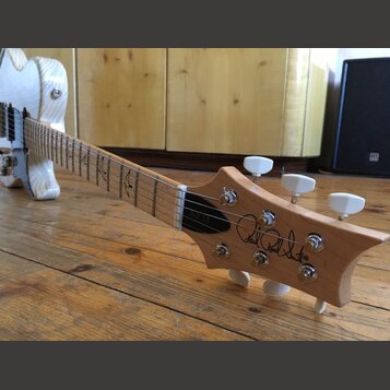 Elektrická kytara s přírodním dřevěným povrchem krku a hlavy. Na hlavě je černý nápis Paul Reed Smith® a na hmatníku jsou viditelné vložky ve tvaru p…