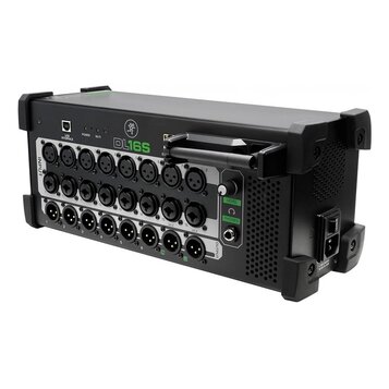 Černý digitální stagebox s kovovým šasi a madlem. Na předním panelu je nápis DL16S, logo výrobce a řada vstupů označených jako INPUT (čísla 1–16) a v…
