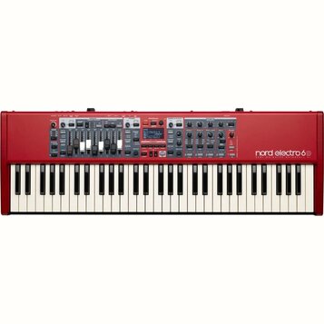 Červený digitální klavír s bílými a černými klávesami. Na pravé straně je bílý nápis nord electro 6D a pod ním menší text SEMI WEIGHTED WATERFALL 88.…