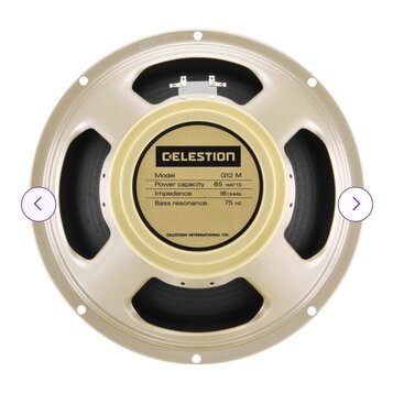 Fotografie znázorňuje zadní stranu reproduktoru v béžovém kovovém rámu. Uprostřed je štítek s logem CELESTION a texty: Model G12 M, Power capacity 65…