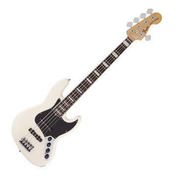 Bílá elektrická basová kytara s černým pickguardem a hnědým hmatníkem. Na hlavě nástroje je nápis Fender Jazz Bass. Nástroj vypadá nově a v perfektní…